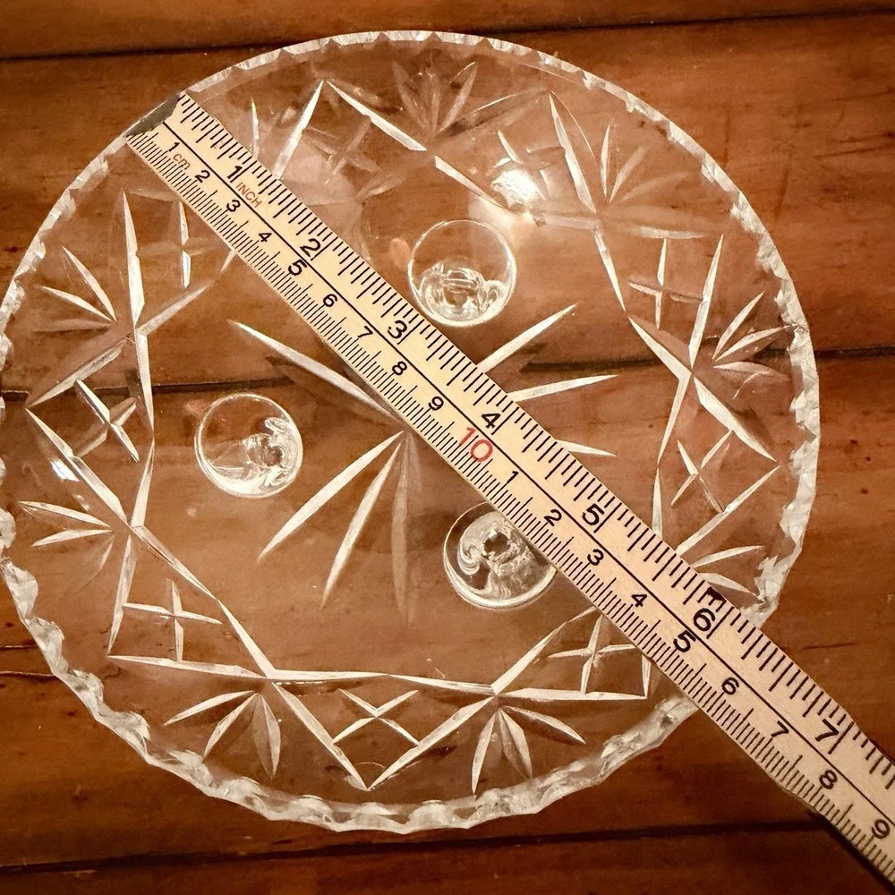Vintage Crystal‎ Cut Glass Footed Fruit Bowl With Scalloped Edges 9